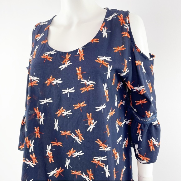 Yak & Yeti Women's Navy Blue Cold Shoulder Tunic Dress DRAGONFLY Print Size L - Picture 5 of 11